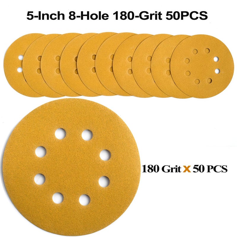 Aiyard 5-Inch 8-Hole Hook and Loop Sanding Discs 180-Grit Random Orbit Sandpaper, 50-Pack - Image 3